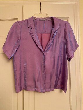 Shiny purple cropped short-sleeve button-up, size medium